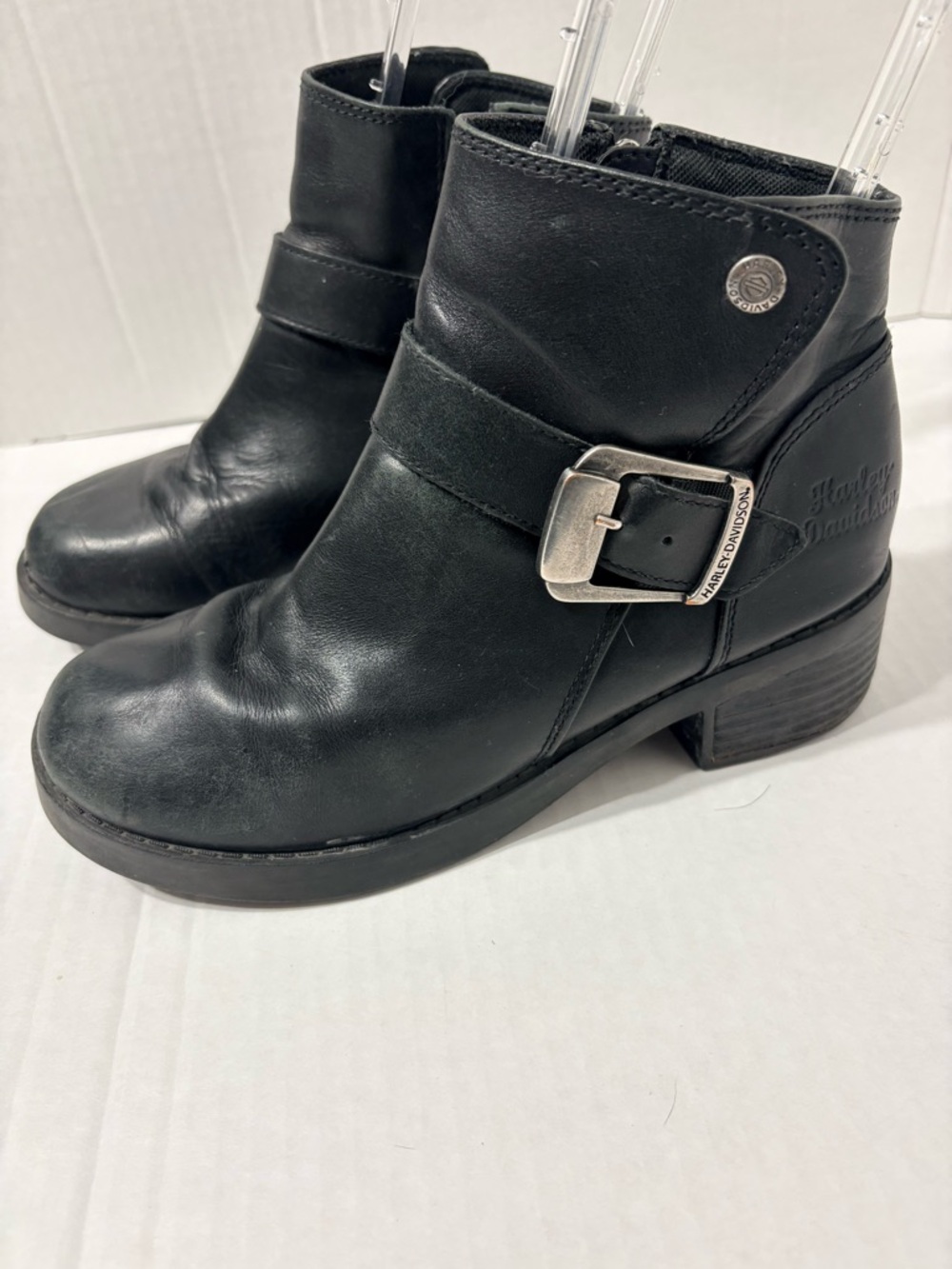 Harley-Davidson Black Leather Buckle Ankle Booties w Side Zip. 7.5 M
